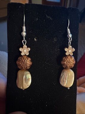 Hand Crafted Brown and Cream Floral Pearl Drop Earrings